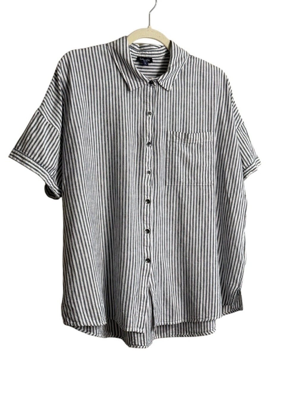 Splendid Linen blend Short-Sleeve Button-Down Shirt - Gray & White Stripes - Picture 3 of 7